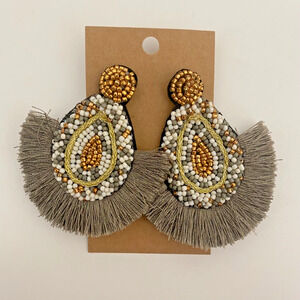 Bohemian Statement Earrings Grey White Gold Beaded Tassel Stud Drop
